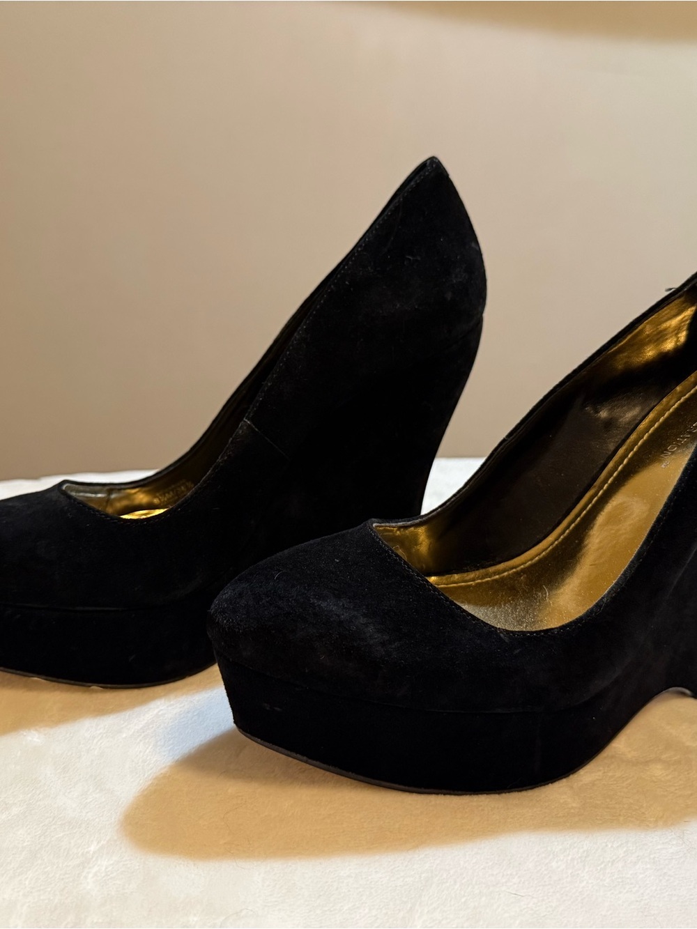 BCBG Black Suede Wedge Pumps with Gold Lining